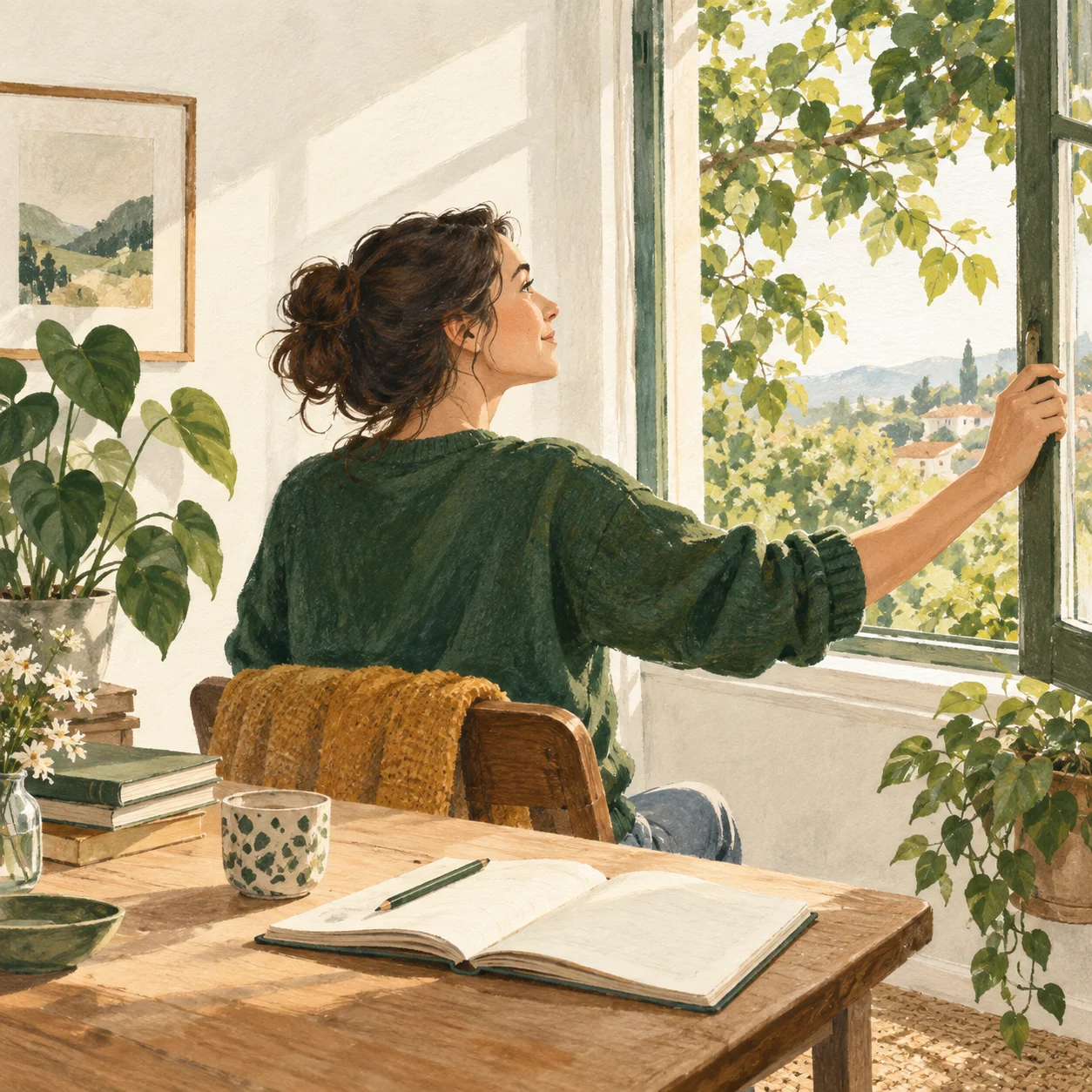 A woman opening a window toward a leafy view, with an open notebook nearby